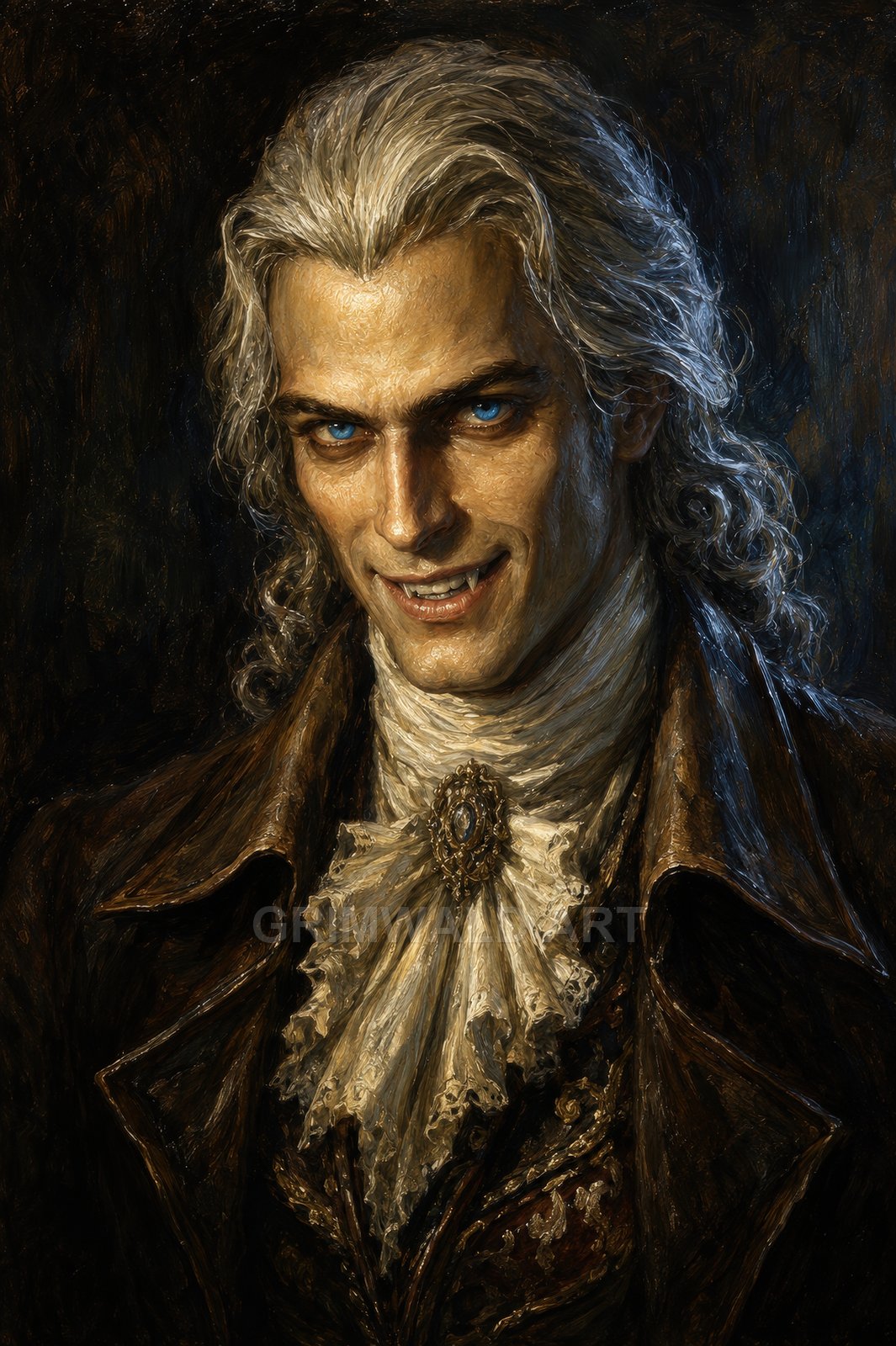 Close-up portrait of a pale male vampire with blue eyes and fangs, wearing a ruffled cravat and dark coat against a shadowy background.