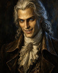 GRID THUMBNAIL — Close-up portrait of a pale male vampire with blue eyes and fangs, wearing a ruffled cravat and dark coat against a shadowy background.