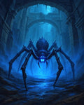 GRID THUMBNAIL — A colossal, armoured spider with glowing blue eyes and fangs stalks through ancient subterranean ruins, framed by crumbling arches and cold, eerie light.