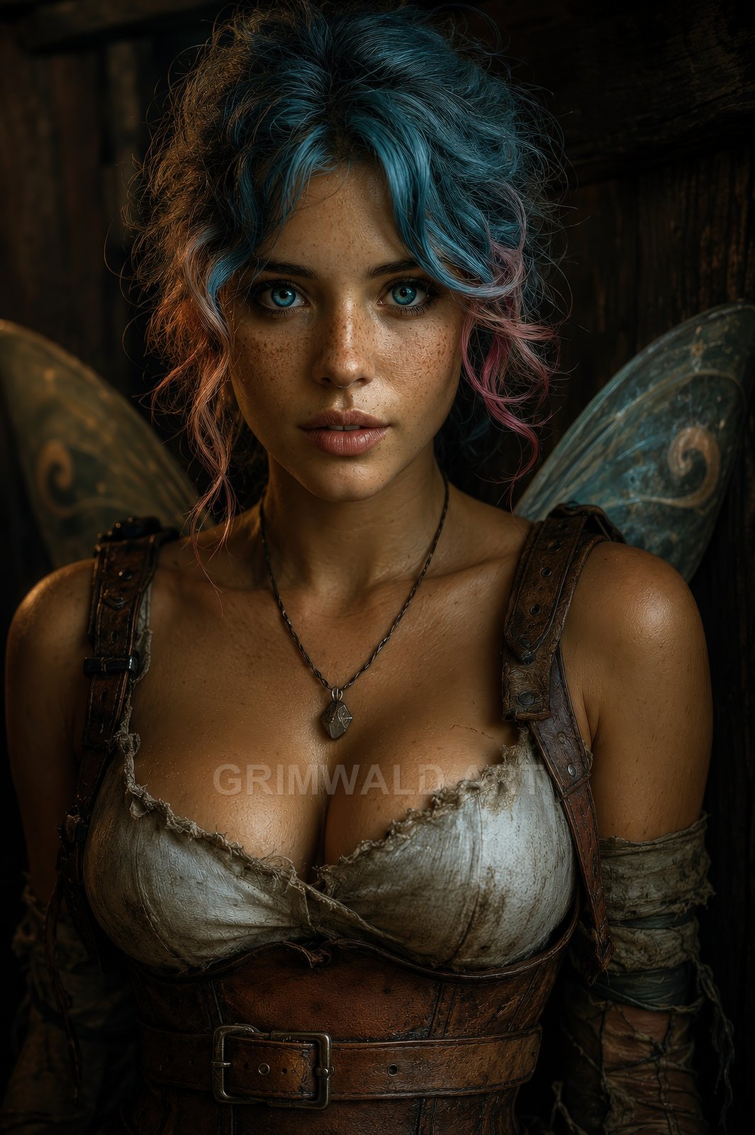 Firelit portrait of a blue-haired fairy woman with delicate wings, freckled skin, leather armour and pendant, gazing against a rustic wooden interior.