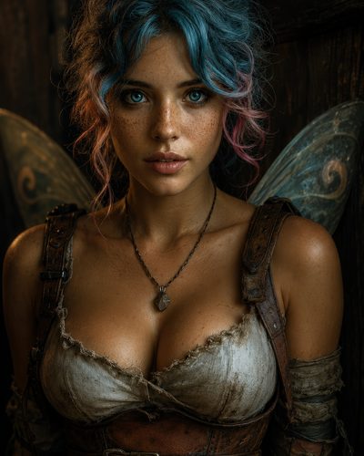GRID THUMBNAIL — Firelit portrait of a blue-haired fairy woman with delicate wings, freckled skin, leather armour and pendant, gazing against a rustic wooden interior.