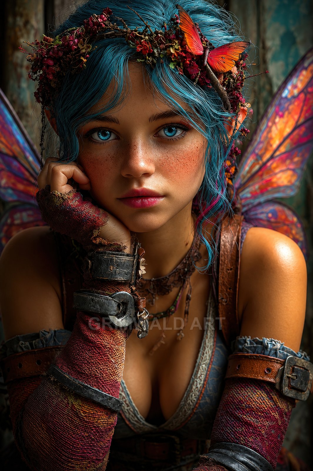 Close-up portrait of a blue-haired fairy with bright blue eyes, floral crown and butterfly, iridescent wings and leather bracers in soft daylight.