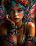 GRID THUMBNAIL — Close-up portrait of a blue-haired fairy with bright blue eyes, floral crown and butterfly, iridescent wings and leather bracers in soft daylight.