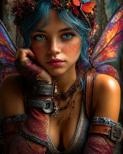 GRID THUMBNAIL — Close-up portrait of a blue-haired fairy with bright blue eyes, floral crown and butterfly, iridescent wings and leather bracers in soft daylight.