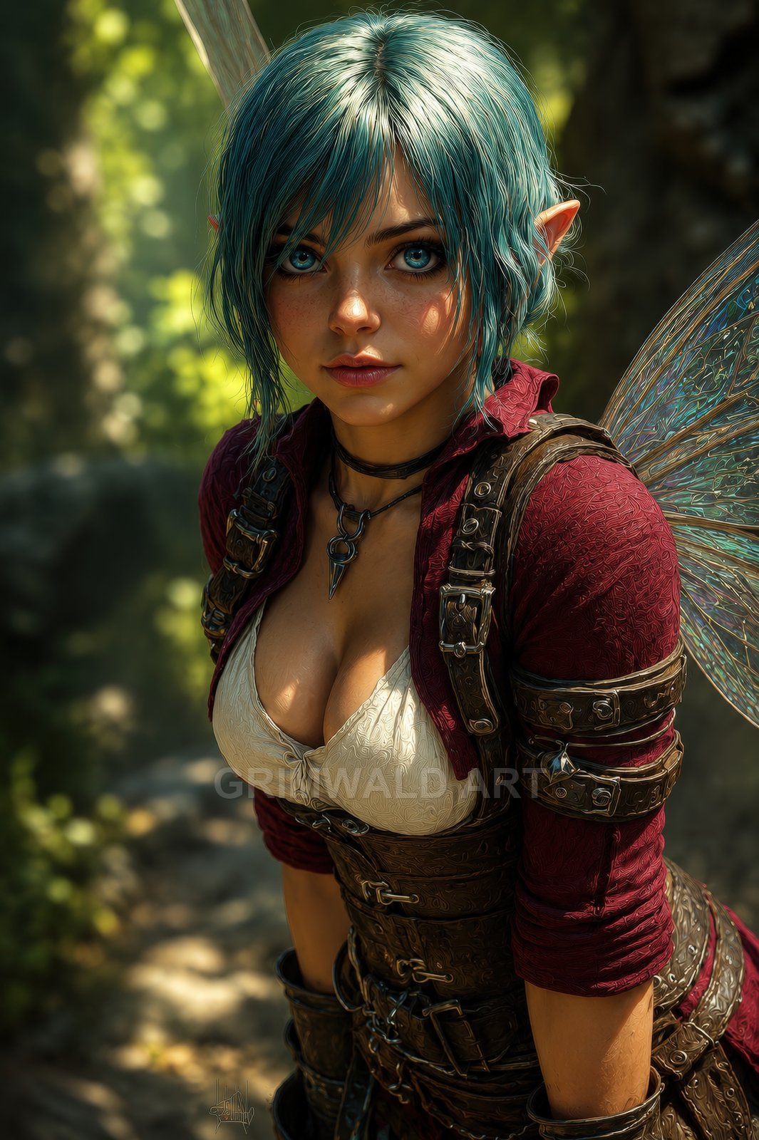 Close-up of a blue-haired female fae with pointed ears, vivid blue eyes, and translucent wings, wearing leather armour in a sunlit forest.