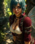 GRID THUMBNAIL — Close-up of a blue-haired female fae with pointed ears, vivid blue eyes, and translucent wings, wearing leather armour in a sunlit forest.