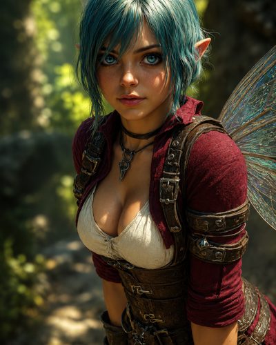 GRID THUMBNAIL — Close-up of a blue-haired female fae with pointed ears, vivid blue eyes, and translucent wings, wearing leather armour in a sunlit forest.