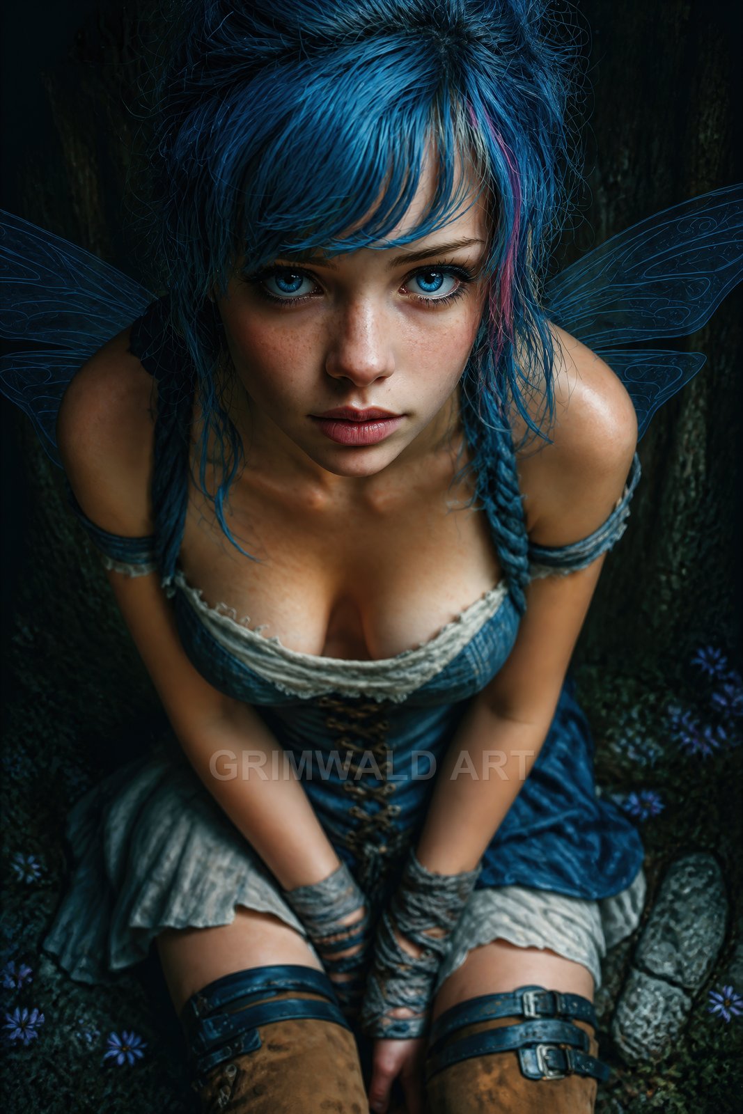 Close-up of a blue-haired fairy with translucent wings crouching in a forest, wearing a blue corseted dress and leather bracers in moody twilight.
