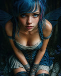 GRID THUMBNAIL — Close-up of a blue-haired fairy with translucent wings crouching in a forest, wearing a blue corseted dress and leather bracers in moody twilight.