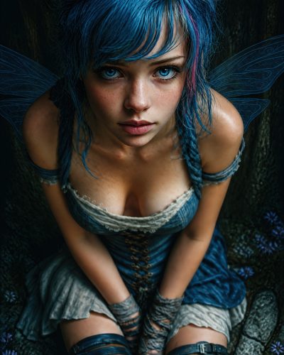 GRID THUMBNAIL — Close-up of a blue-haired fairy with translucent wings crouching in a forest, wearing a blue corseted dress and leather bracers in moody twilight.