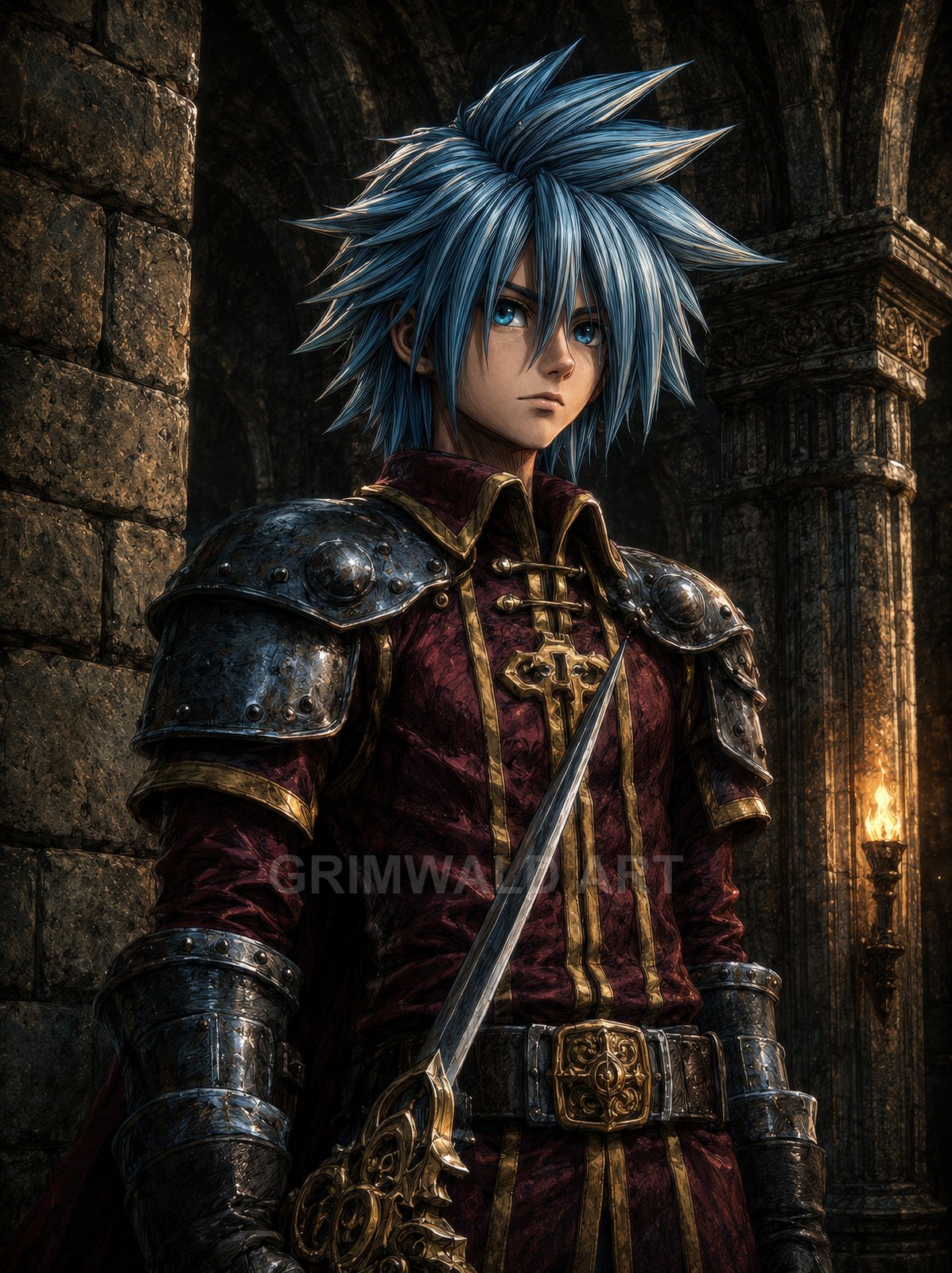 Anime-style blue-haired knight in ornate red and gold tunic and steel armour, holding a sword in a torchlit stone castle hall with arches.