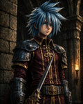 GRID THUMBNAIL — Anime-style blue-haired knight in ornate red and gold tunic and steel armour, holding a sword in a torchlit stone castle hall with arches.