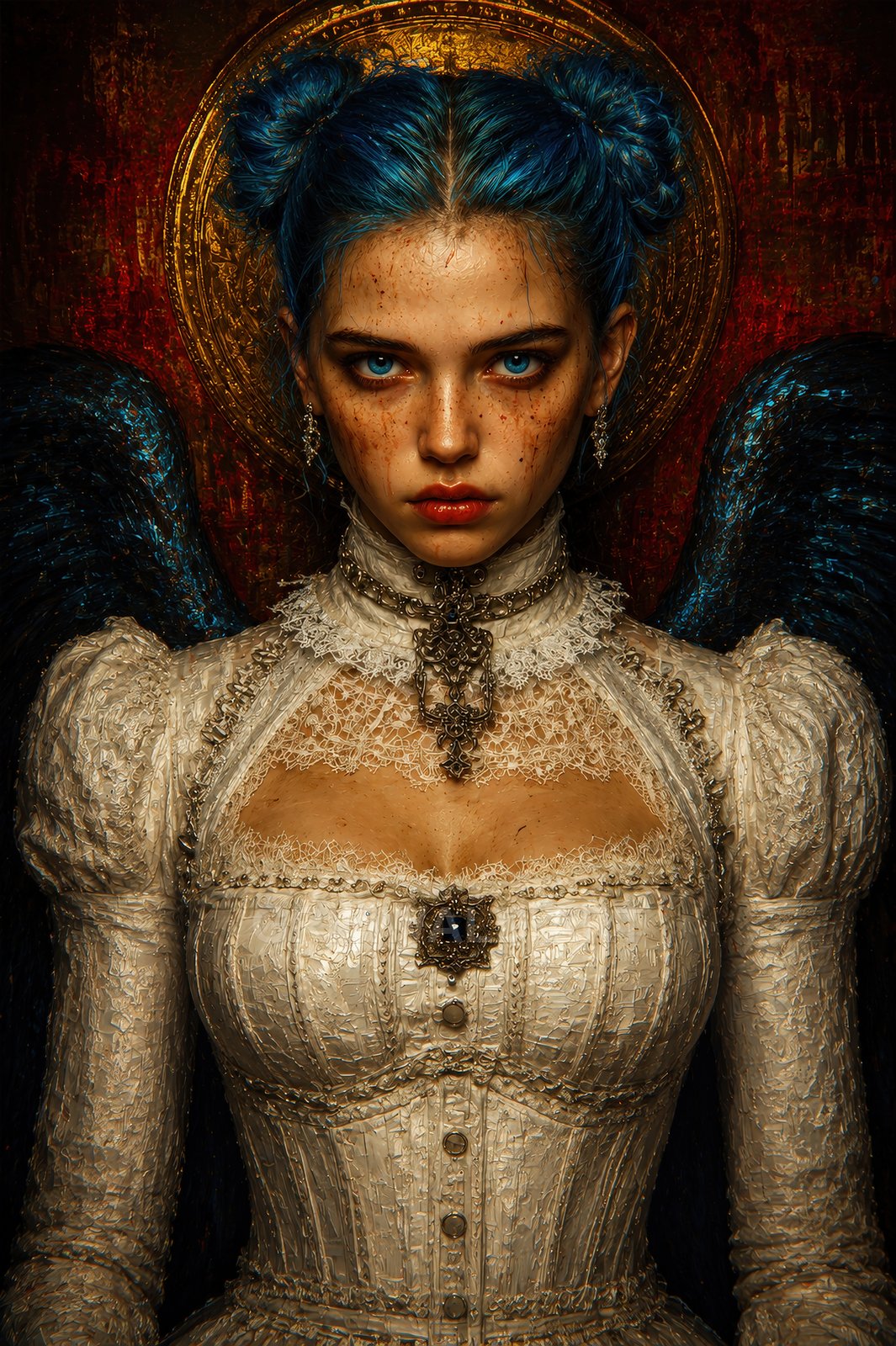 Blue-haired angelic woman with dark wings and gold halo, wearing ornate ivory lace dress and jewellery, staring intensely against textured red background.