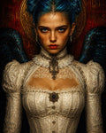 GRID THUMBNAIL — Blue-haired angelic woman with dark wings and gold halo, wearing ornate ivory lace dress and jewellery, staring intensely against textured red background.