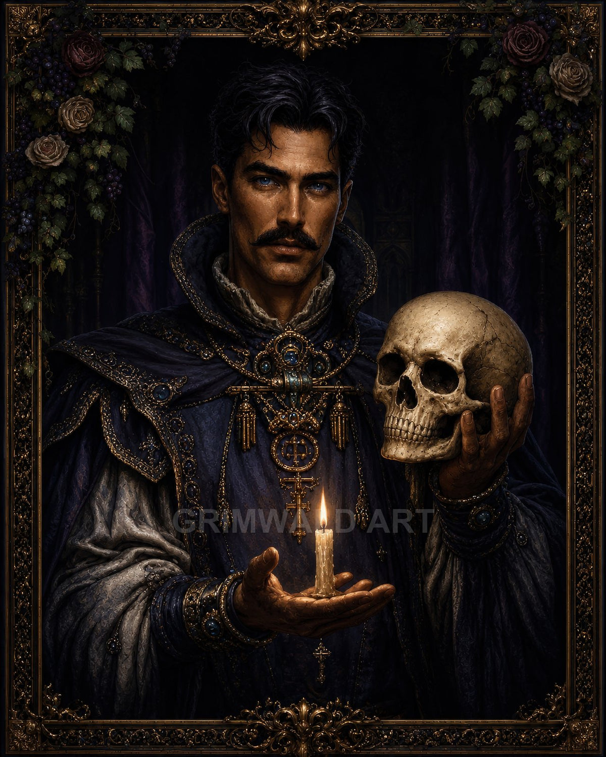A blue-robed male necromancer holds a human skull and a burning candle, adorned with ornate gold jewellery, against a dark, gothic interior.
