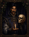 GRID THUMBNAIL — A blue-robed male necromancer holds a human skull and a burning candle, adorned with ornate gold jewellery, against a dark, gothic interior.