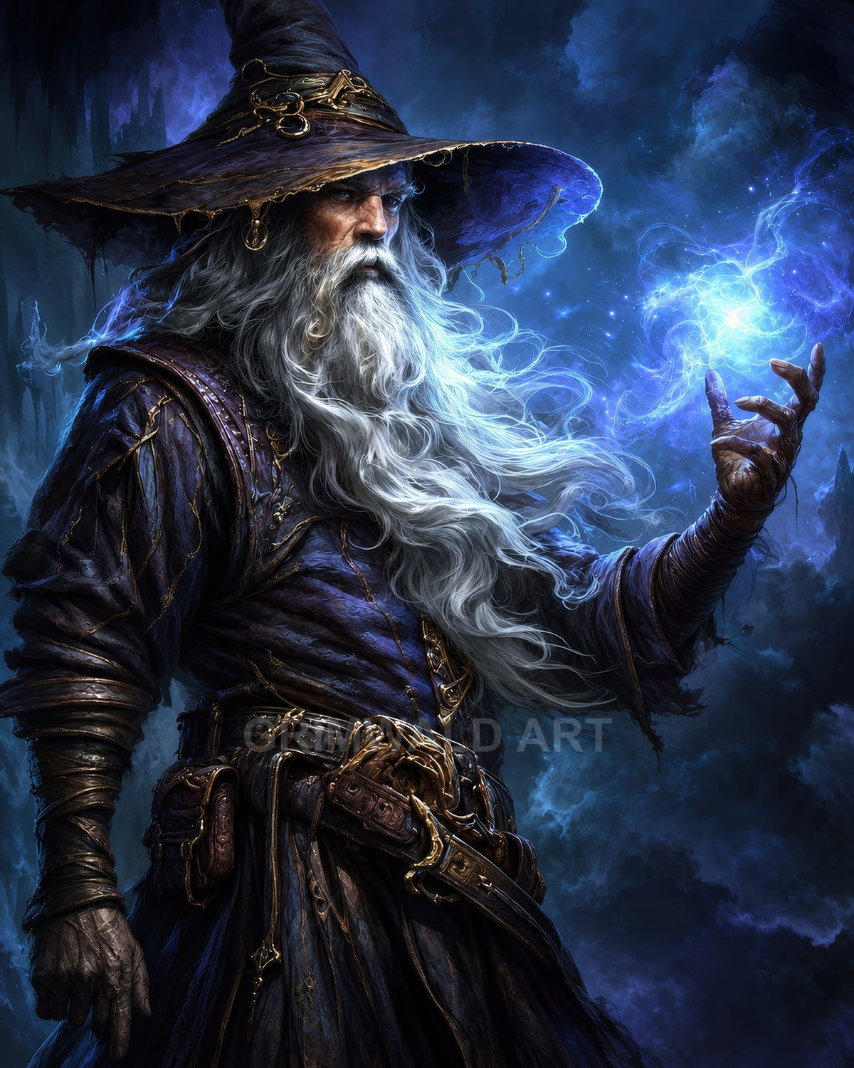 Bearded elderly wizard in blue robes and hat conjuring a glowing arcane orb, detailed belts and pouches, dramatic dark blue cave background.