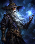 GRID THUMBNAIL — Bearded elderly wizard in blue robes and hat conjuring a glowing arcane orb, detailed belts and pouches, dramatic dark blue cave background.