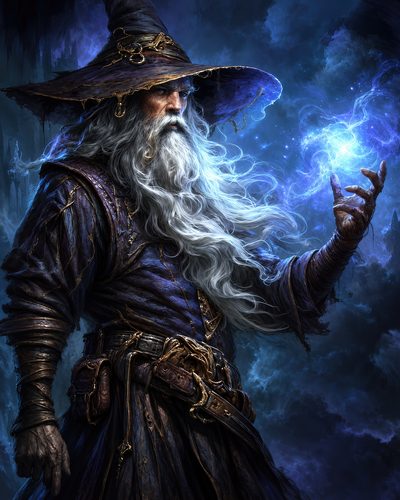 GRID THUMBNAIL — Bearded elderly wizard in blue robes and hat conjuring a glowing arcane orb, detailed belts and pouches, dramatic dark blue cave background.
