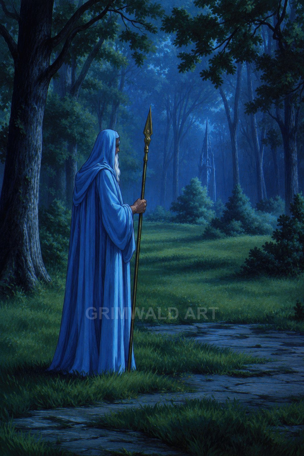 A blue-robed elderly wizard stands on a forest path at night, holding a golden-tipped staff, with a distant spire rising through moonlit trees.