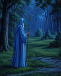 GRID THUMBNAIL — A blue-robed elderly wizard stands on a forest path at night, holding a golden-tipped staff, with a distant spire rising through moonlit trees.