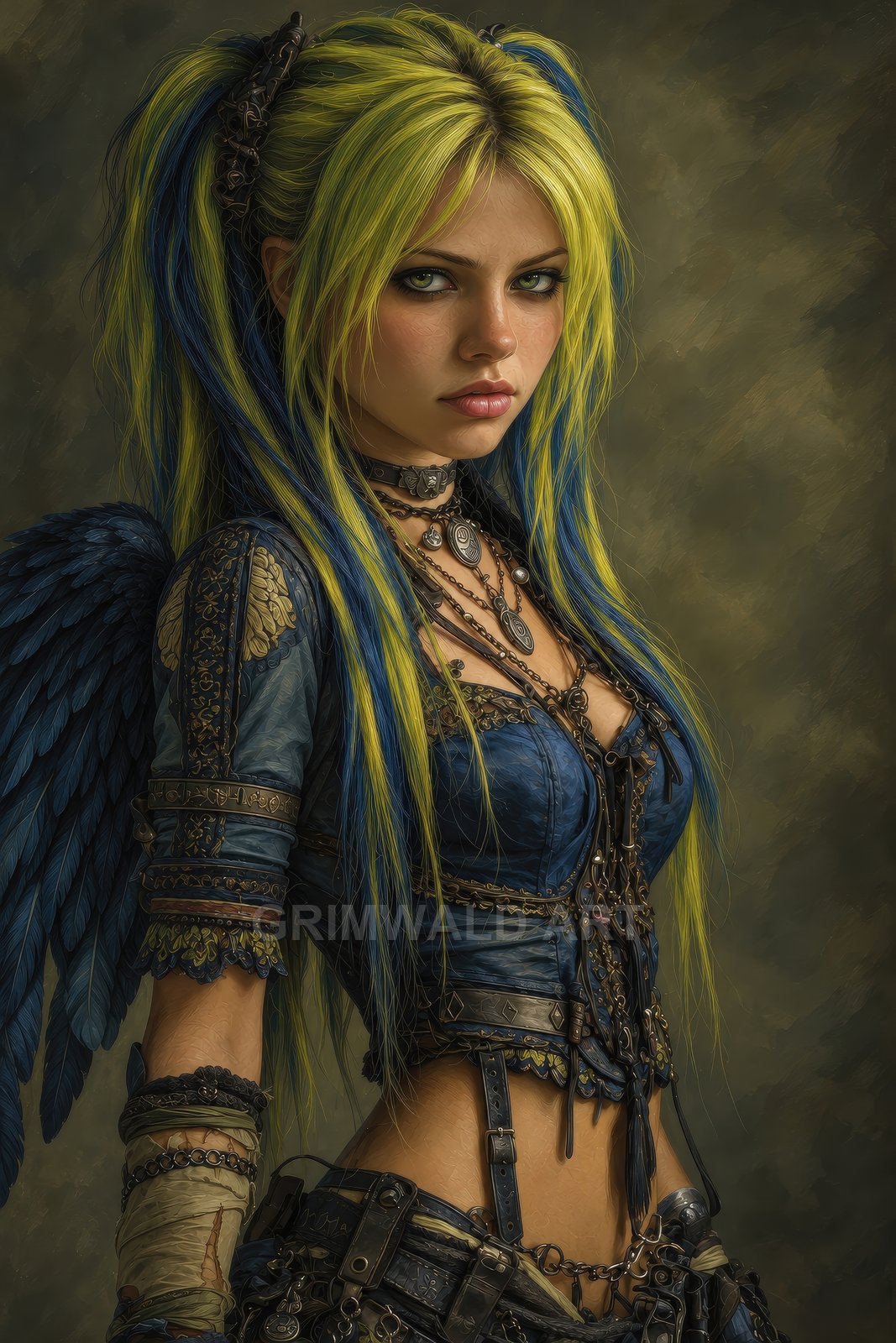 Moody portrait of a winged woman with blue feathers, yellow-blue hair, and ornate blue leather with chains, against a muted textured background.