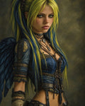 GRID THUMBNAIL — Moody portrait of a winged woman with blue feathers, yellow-blue hair, and ornate blue leather with chains, against a muted textured background.