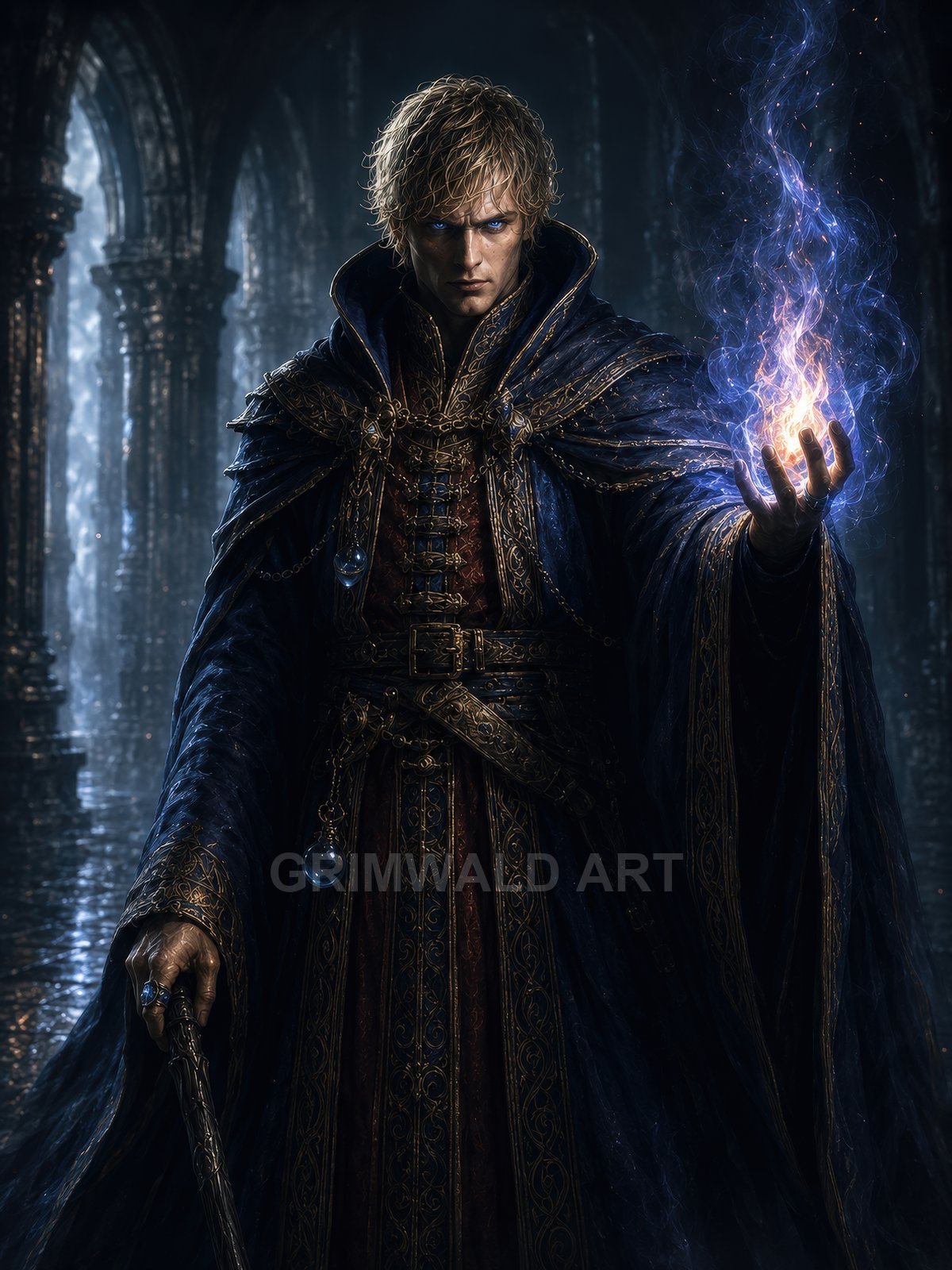 A male mage in ornate blue robes conjures swirling blue fire, standing in a dark gothic cathedral with wet stone floor reflecting light.