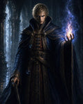 GRID THUMBNAIL — A male mage in ornate blue robes conjures swirling blue fire, standing in a dark gothic cathedral with wet stone floor reflecting light.