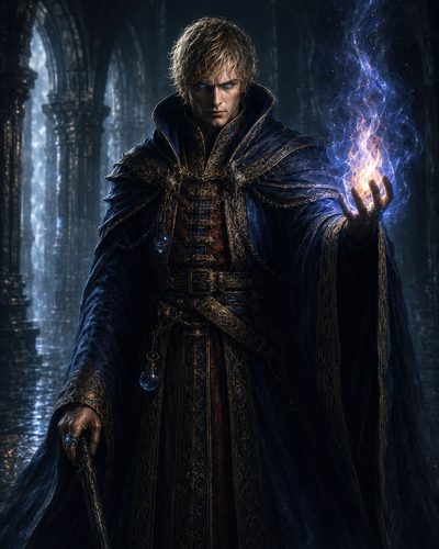 GRID THUMBNAIL — A male mage in ornate blue robes conjures swirling blue fire, standing in a dark gothic cathedral with wet stone floor reflecting light.