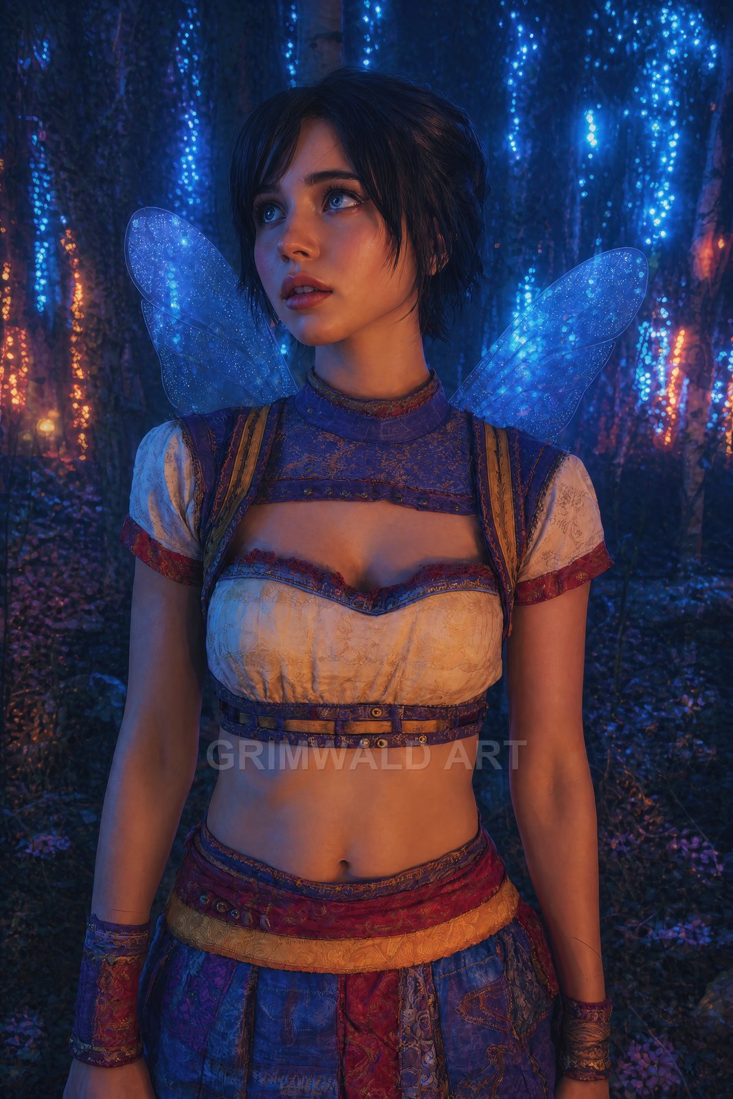 Young fairy with translucent wings in a glowing blue forest at night, wearing ornate garments and gazing upward with a wistful expression.