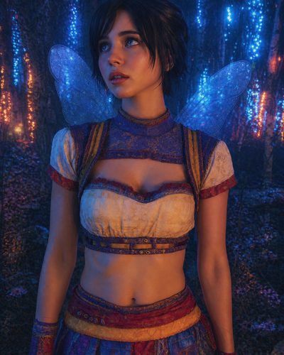 GRID THUMBNAIL — Young fairy with translucent wings in a glowing blue forest at night, wearing ornate garments and gazing upward with a wistful expression.