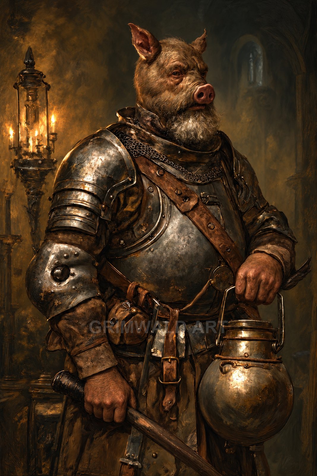 Anthropomorphic boar-headed knight in burnished plate armour holds a kettle and sword in a candlelit stone hall with gothic arches.