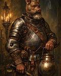GRID THUMBNAIL — Anthropomorphic boar-headed knight in burnished plate armour holds a kettle and sword in a candlelit stone hall with gothic arches.