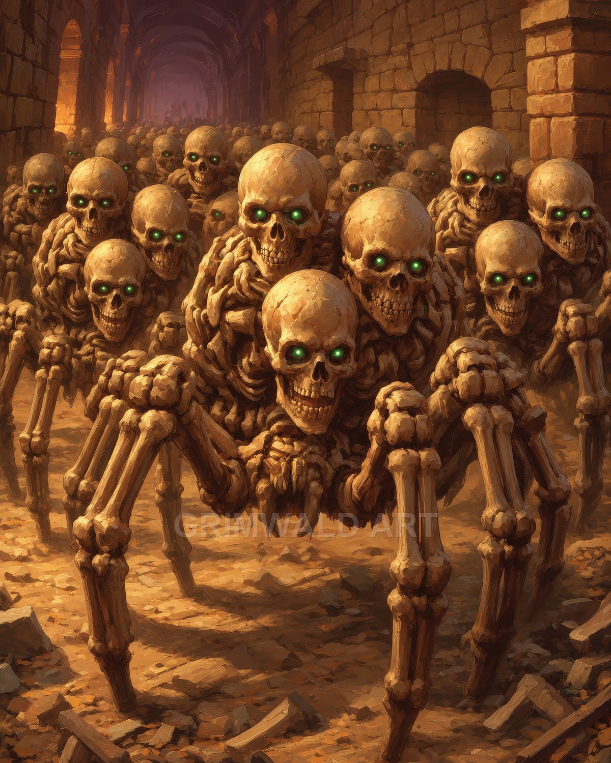 A horde of skeletal spider constructs with glowing green eyes swarms through a torchlit stone catacomb corridor, amid arches and scattered rubble.
