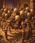 GRID THUMBNAIL — A horde of skeletal spider constructs with glowing green eyes swarms through a torchlit stone catacomb corridor, amid arches and scattered rubble.