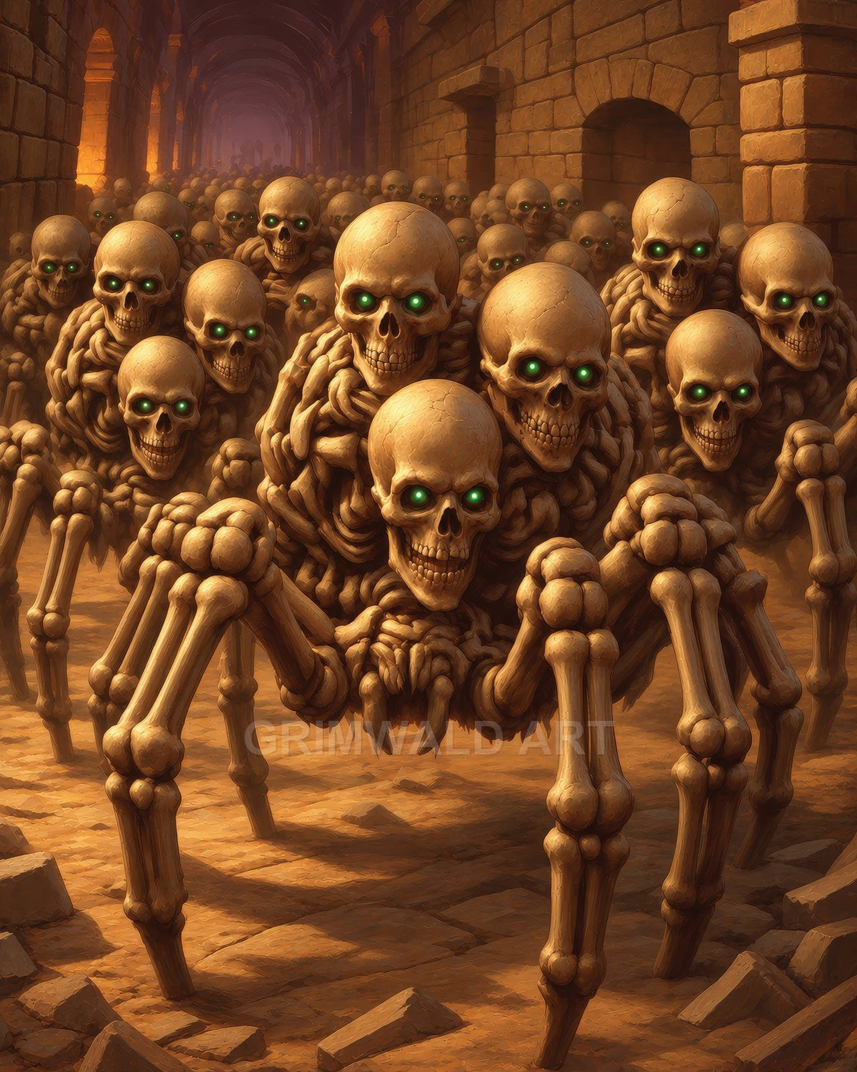 A horde of skeletal, spider-like creatures with green-glowing eyes crawls through a torchlit stone crypt corridor, the nearest bone construct looming in sharp focus.