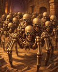 GRID THUMBNAIL — A horde of skeletal, spider-like creatures with green-glowing eyes crawls through a torchlit stone crypt corridor, the nearest bone construct looming in sharp focus.