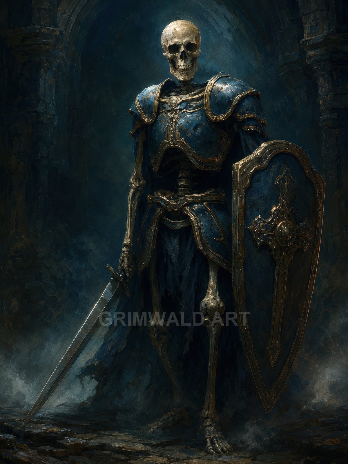 An armoured skeleton knight stands in a shadowy crypt, holding a sword and ornate shield, blue-gold plate gleaming amid mist and stone.