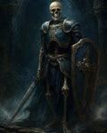 GRID THUMBNAIL — An armoured skeleton knight stands in a shadowy crypt, holding a sword and ornate shield, blue-gold plate gleaming amid mist and stone.