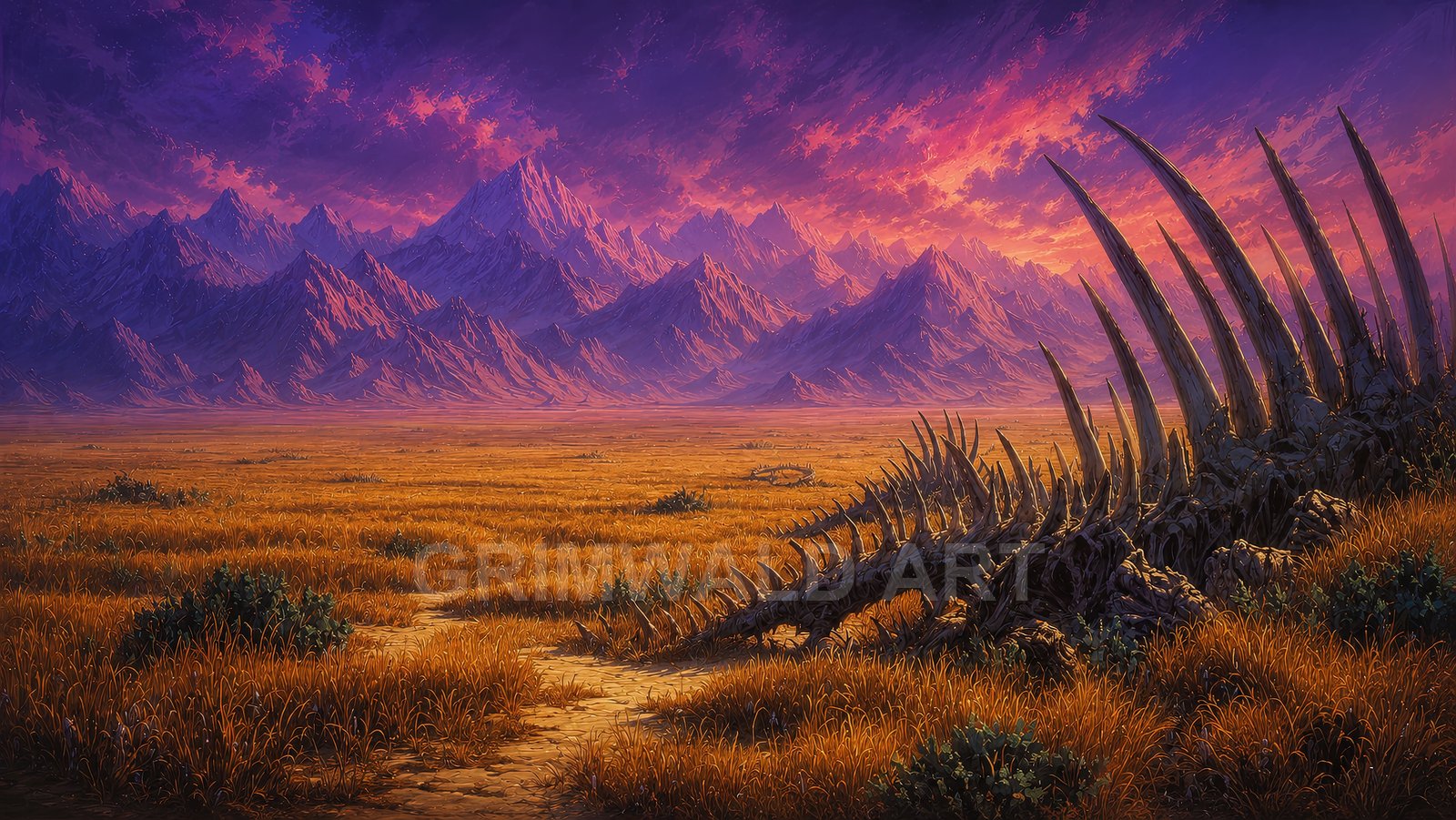 A vast golden steppe under a purple sunset sky, with a colossal ribcage skeleton curving through the grass before distant jagged mountains.
