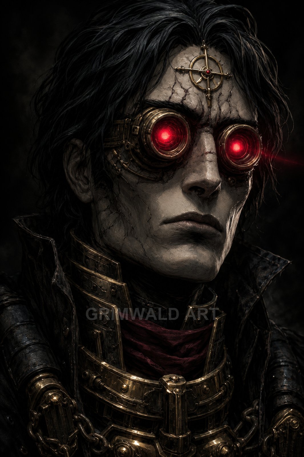 Close-up steampunk portrait of a pale male human wearing brass goggles glowing red, ornate armour and chains, in a dark, ominous setting.