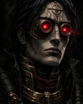 GRID THUMBNAIL — Close-up steampunk portrait of a pale male human wearing brass goggles glowing red, ornate armour and chains, in a dark, ominous setting.