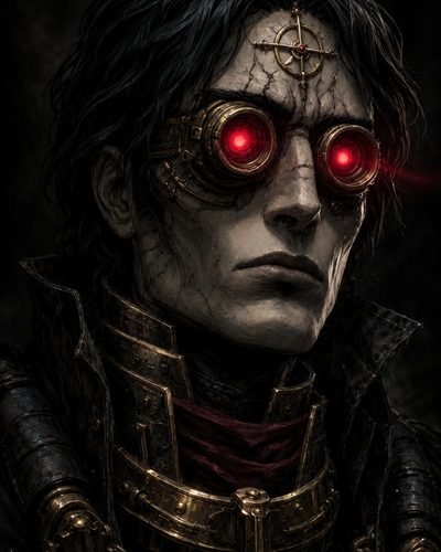 GRID THUMBNAIL — Close-up steampunk portrait of a pale male human wearing brass goggles glowing red, ornate armour and chains, in a dark, ominous setting.