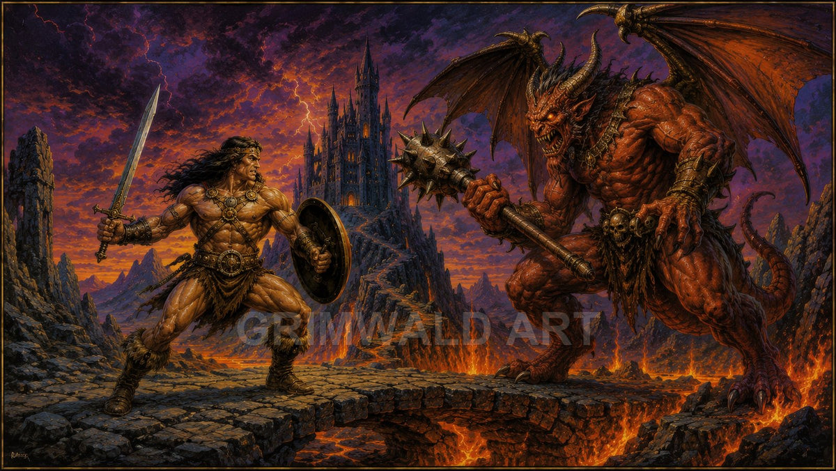 A barbarian confronts a colossal winged demon on a crumbling stone bridge above lava, with a spired dark castle beneath a blazing sunset sky.
