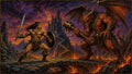 GRID THUMBNAIL — A barbarian confronts a colossal winged demon on a crumbling stone bridge above lava, with a spired dark castle beneath a blazing sunset sky.