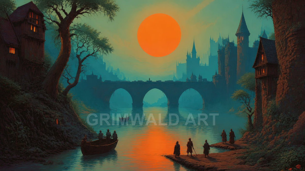 Teal-hued river scene with arched stone bridge, distant castle spires and huge orange sun, boats and cloaked figures along the banks.