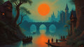 GRID THUMBNAIL — Teal-hued river scene with arched stone bridge, distant castle spires and huge orange sun, boats and cloaked figures along the banks.
