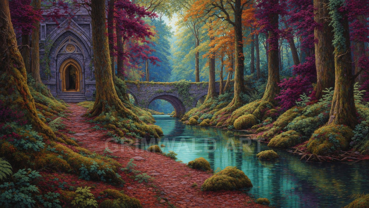 Vibrant fantasy forest with a clear river, mossy banks, and a stone arched bridge leading to a gothic doorway glowing warmly.