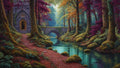 GRID THUMBNAIL — Vibrant fantasy forest with a clear river, mossy banks, and a stone arched bridge leading to a gothic doorway glowing warmly.